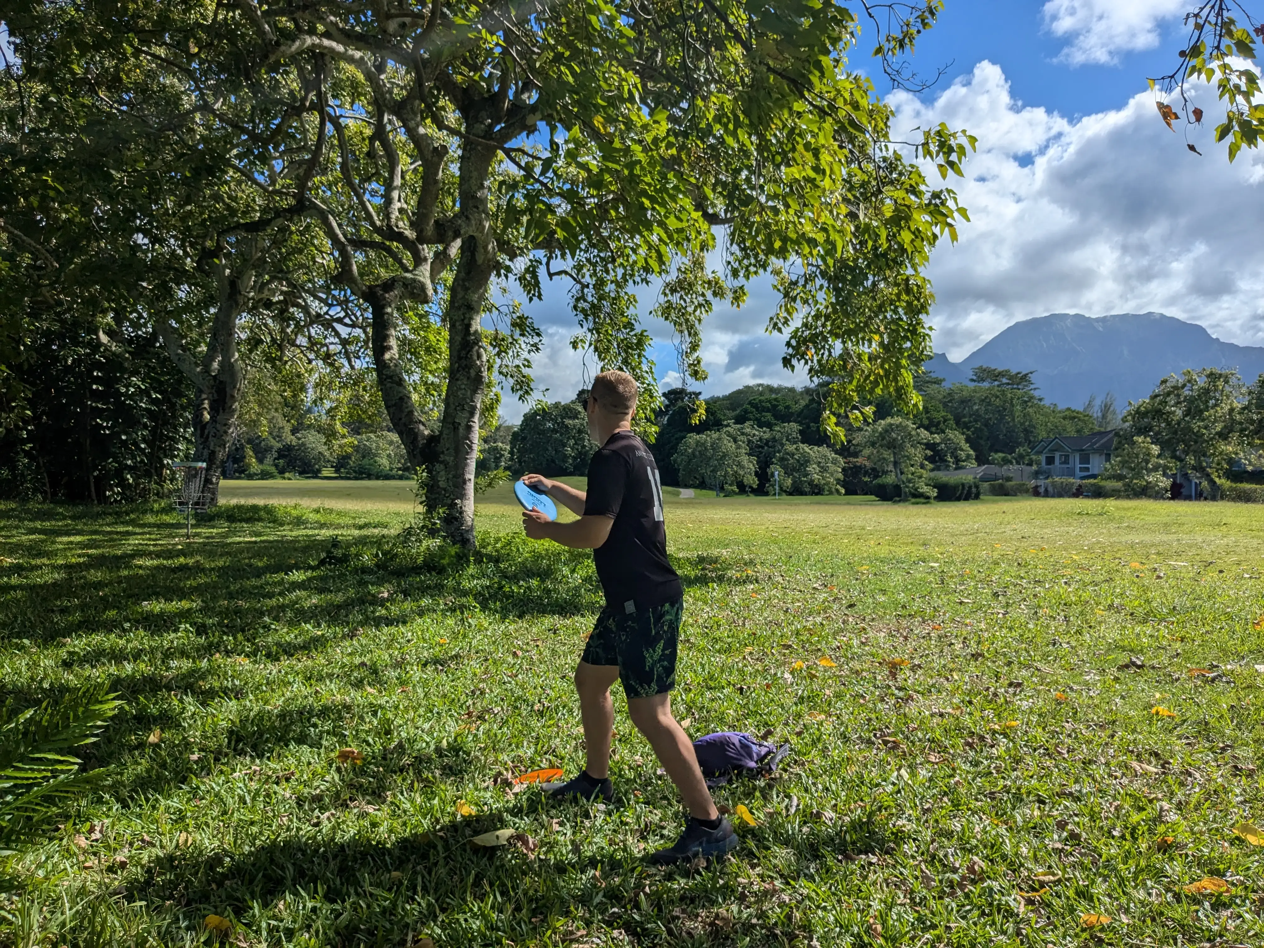 Action shot of someone playing disc golf amidst trees, green grass, and mountains